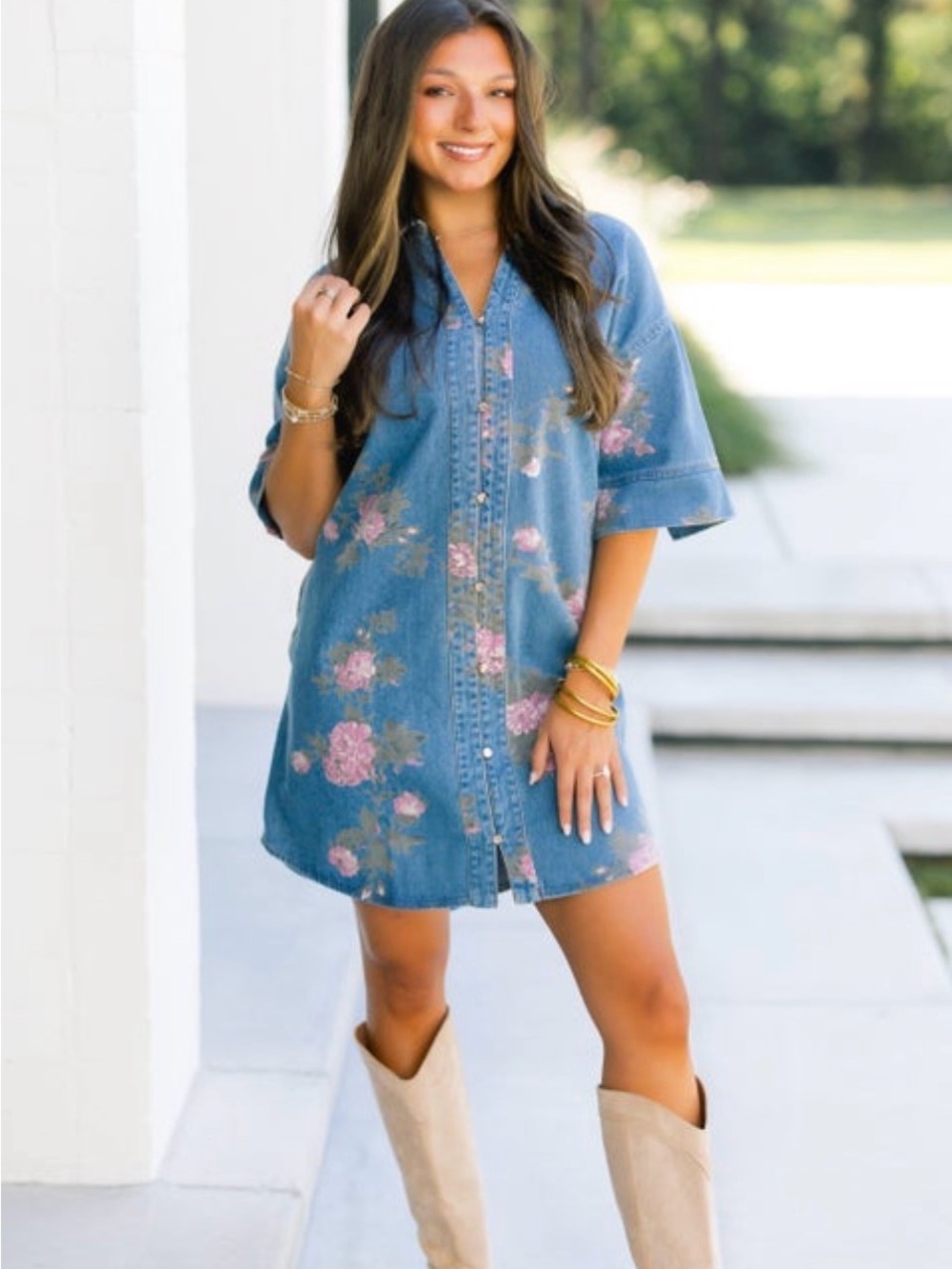 Entro Blue Denim Floral Mini Dress with Pink Flowers - Picture 2 of 5